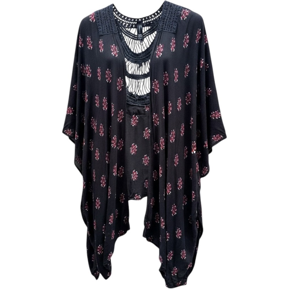 Lane Bryant Black Floral Medallion Crochet Lace Back Kimono Wrap Cardigan